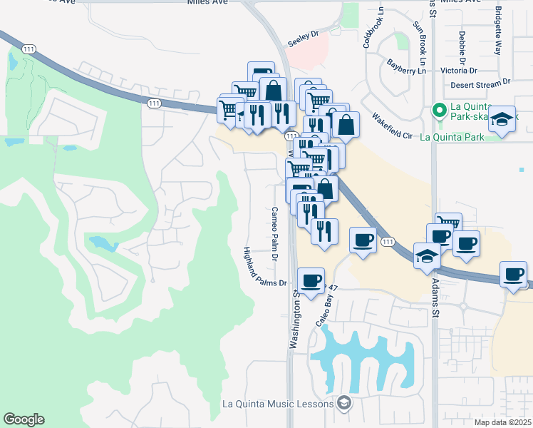 map of restaurants, bars, coffee shops, grocery stores, and more near 7845 Cameo Dunes Place in La Quinta