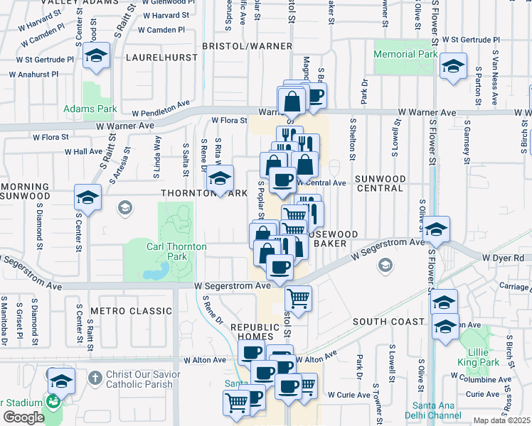 map of restaurants, bars, coffee shops, grocery stores, and more near 2701 South Poplar Street in Santa Ana