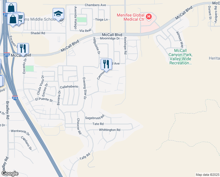 map of restaurants, bars, coffee shops, grocery stores, and more near 28211 Hub Court in Menifee