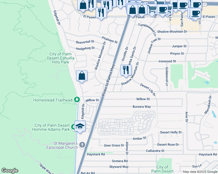 map of restaurants, bars, coffee shops, grocery stores, and more near 46400 Frontage Road in Palm Desert