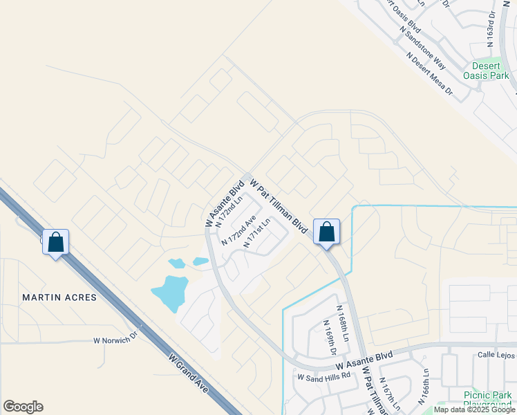 map of restaurants, bars, coffee shops, grocery stores, and more near 24970 North 172nd Drive in Surprise