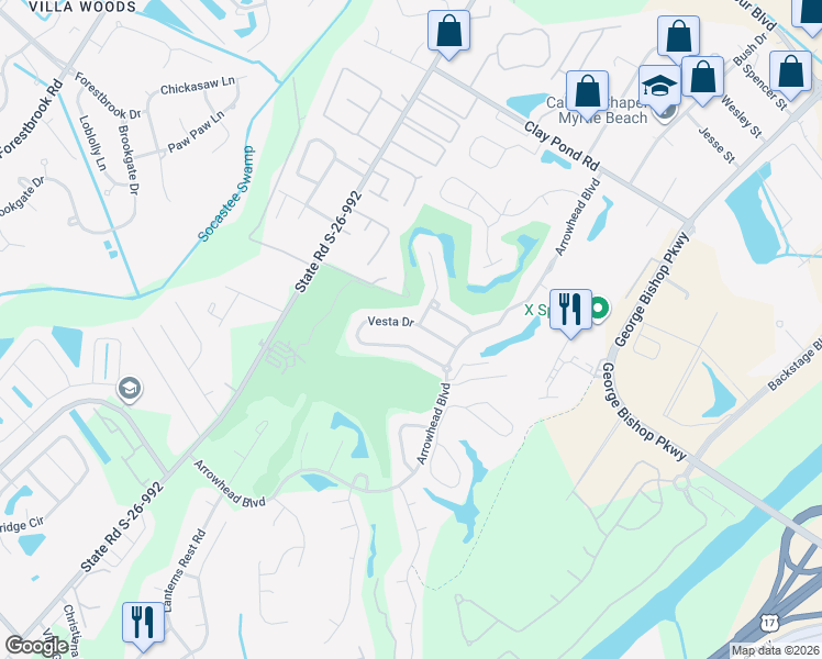 map of restaurants, bars, coffee shops, grocery stores, and more near 243 Vesta Drive in Myrtle Beach