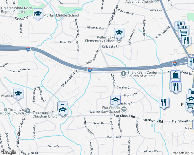 map of restaurants, bars, coffee shops, grocery stores, and more near 2380 Whites Mill Road in Decatur