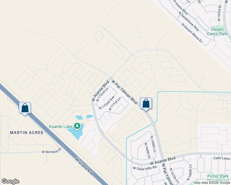 map of restaurants, bars, coffee shops, grocery stores, and more near 24970 North 172nd Drive in Surprise