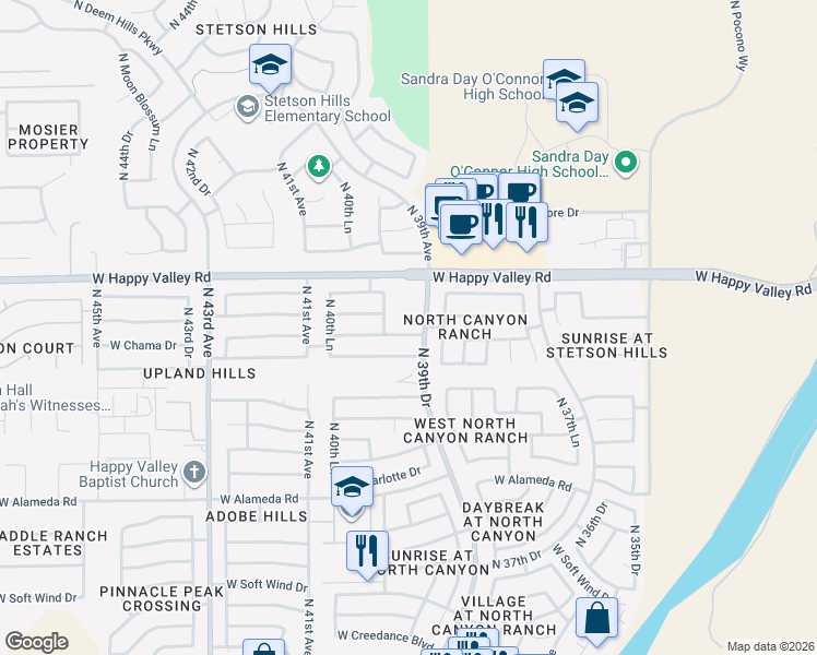 map of restaurants, bars, coffee shops, grocery stores, and more near 3936 West Chama Drive in Glendale