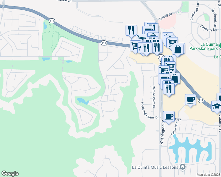 map of restaurants, bars, coffee shops, grocery stores, and more near 46520 Arapahoe Circle in Indian Wells