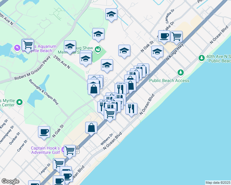 map of restaurants, bars, coffee shops, grocery stores, and more near 504 30th Avenue North in Myrtle Beach