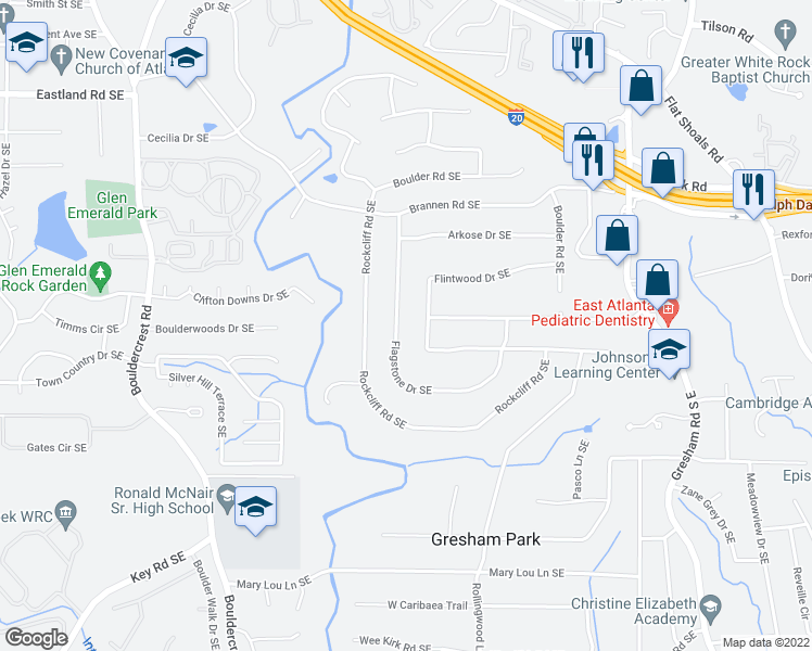 map of restaurants, bars, coffee shops, grocery stores, and more near 2636 Flagstone Drive Southeast in Atlanta