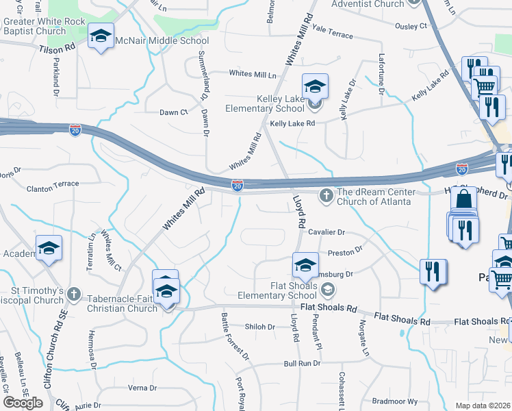 map of restaurants, bars, coffee shops, grocery stores, and more near 2380 Whites Mill Road in Decatur