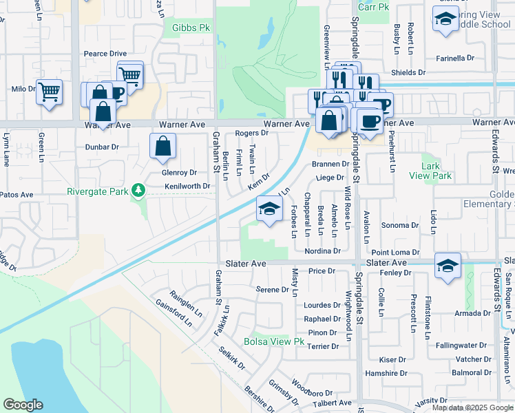 map of restaurants, bars, coffee shops, grocery stores, and more near 17307 Apel Lane in Huntington Beach