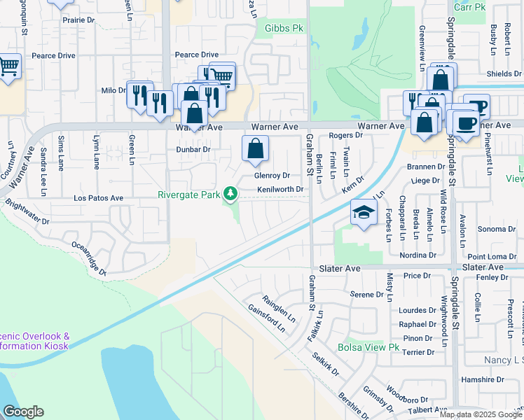 map of restaurants, bars, coffee shops, grocery stores, and more near 17301 Juniper Lane in Huntington Beach