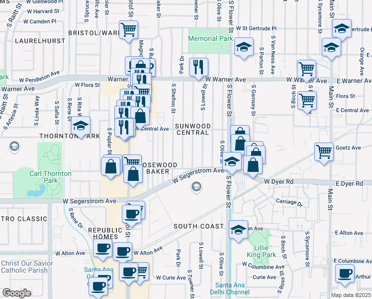 map of restaurants, bars, coffee shops, grocery stores, and more near 2601 Park Drive in Santa Ana