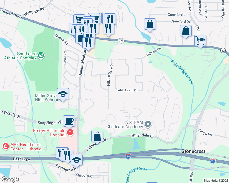map of restaurants, bars, coffee shops, grocery stores, and more near 2755 Hillvale Cove Drive in Lithonia