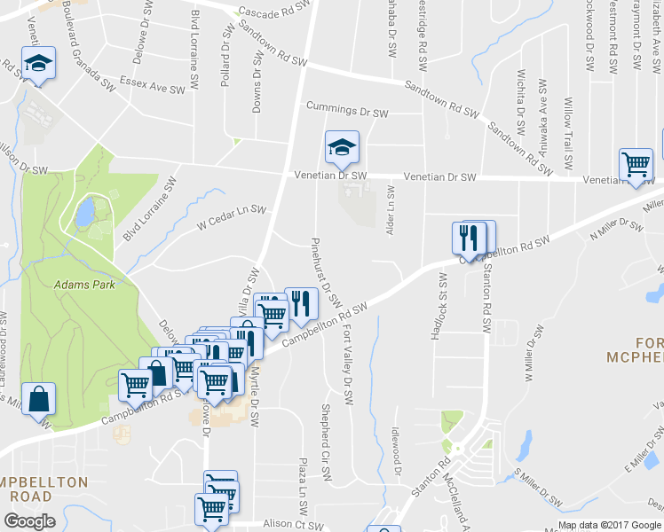 map of restaurants, bars, coffee shops, grocery stores, and more near 1638 Pinehurst Dr SW in Atlanta
