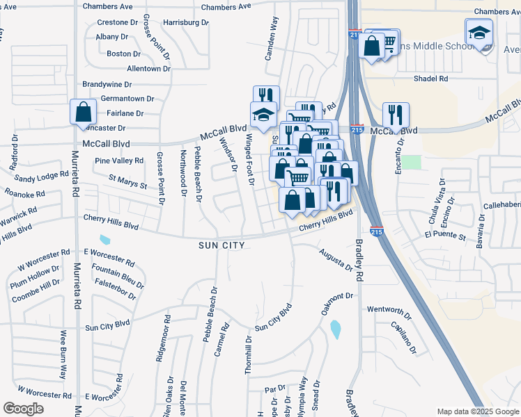 map of restaurants, bars, coffee shops, grocery stores, and more near 28188 Winged Foot Drive in Menifee