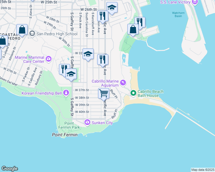 map of restaurants, bars, coffee shops, grocery stores, and more near 3620 South Pacific Avenue in Los Angeles