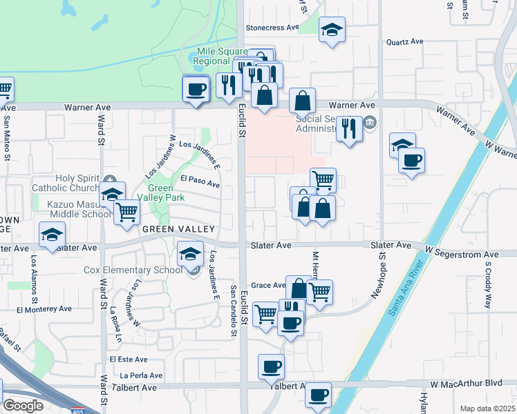 map of restaurants, bars, coffee shops, grocery stores, and more near 17324 El Amarillo Avenue in Fountain Valley