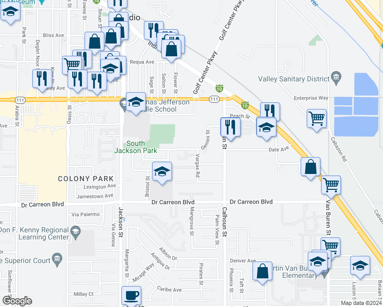 map of restaurants, bars, coffee shops, grocery stores, and more near 3 Aquarius Street in Indio