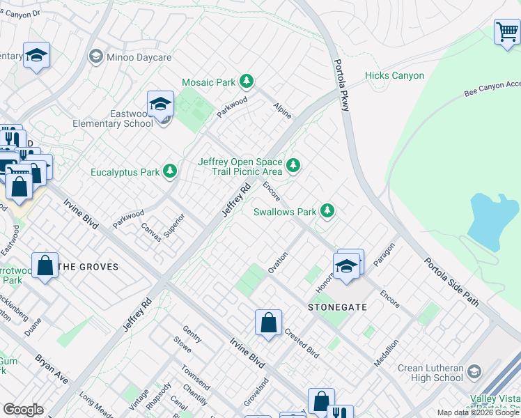 map of restaurants, bars, coffee shops, grocery stores, and more near 74 Kimbal in Irvine