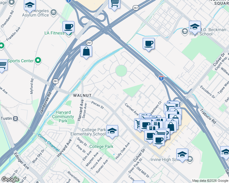 map of restaurants, bars, coffee shops, grocery stores, and more near 3545 Carmel Avenue in Irvine