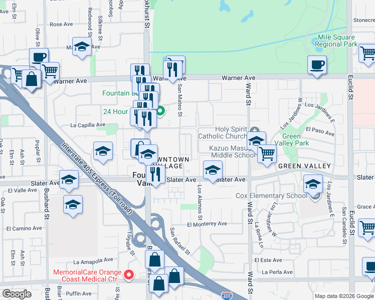 map of restaurants, bars, coffee shops, grocery stores, and more near 17371 San Luis Street in Fountain Valley