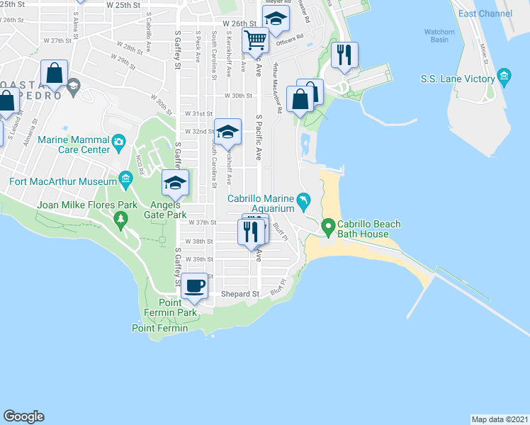 map of restaurants, bars, coffee shops, grocery stores, and more near 3620 Bluff Place in Los Angeles