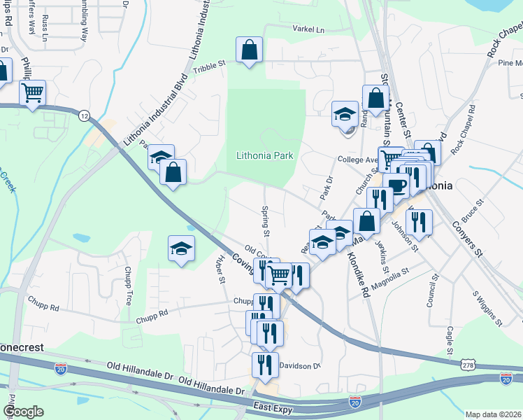 map of restaurants, bars, coffee shops, grocery stores, and more near 2558 Spring Street in Lithonia
