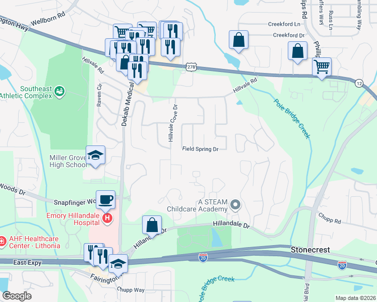 map of restaurants, bars, coffee shops, grocery stores, and more near 2688 Field Spring Drive in Lithonia