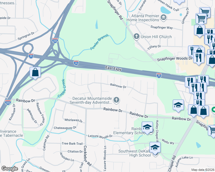 map of restaurants, bars, coffee shops, grocery stores, and more near 3855 Rainover Drive in Decatur