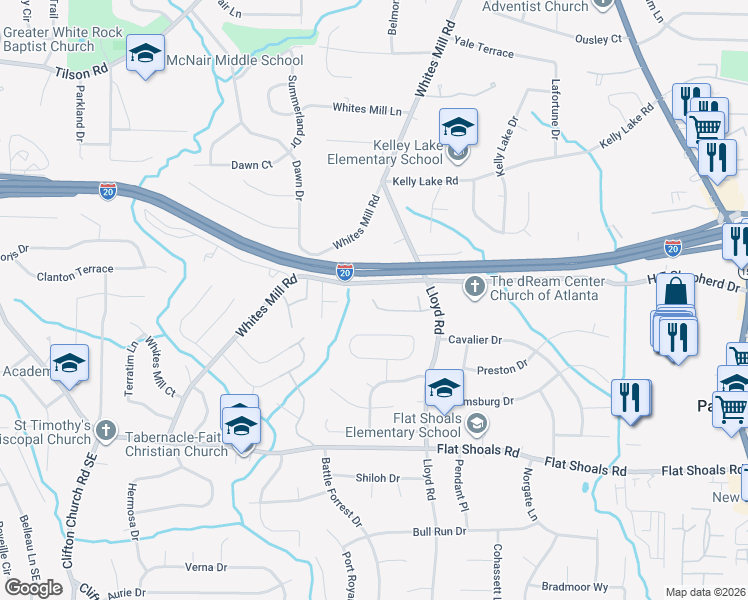 map of restaurants, bars, coffee shops, grocery stores, and more near 2380 Whites Mill Road in Decatur