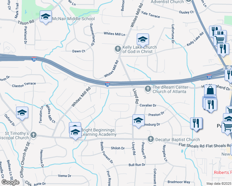 map of restaurants, bars, coffee shops, grocery stores, and more near 2380 Whites Mill Road in Decatur