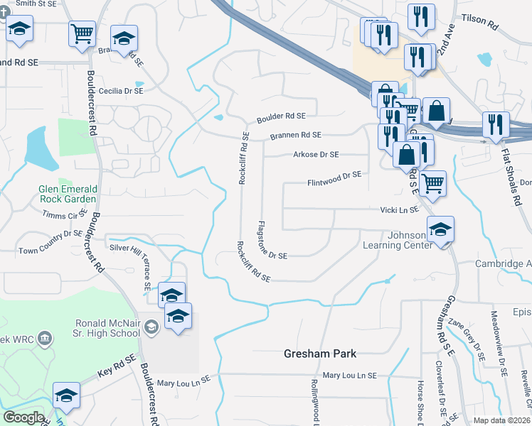 map of restaurants, bars, coffee shops, grocery stores, and more near 2636 Flagstone Drive Southeast in Atlanta