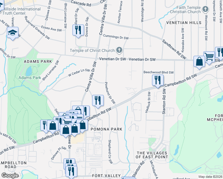 map of restaurants, bars, coffee shops, grocery stores, and more near 1638 Pinehurst Drive Southwest in Atlanta