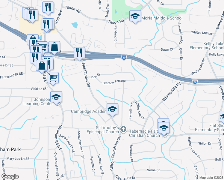 map of restaurants, bars, coffee shops, grocery stores, and more near 2631 Casher Drive in Decatur