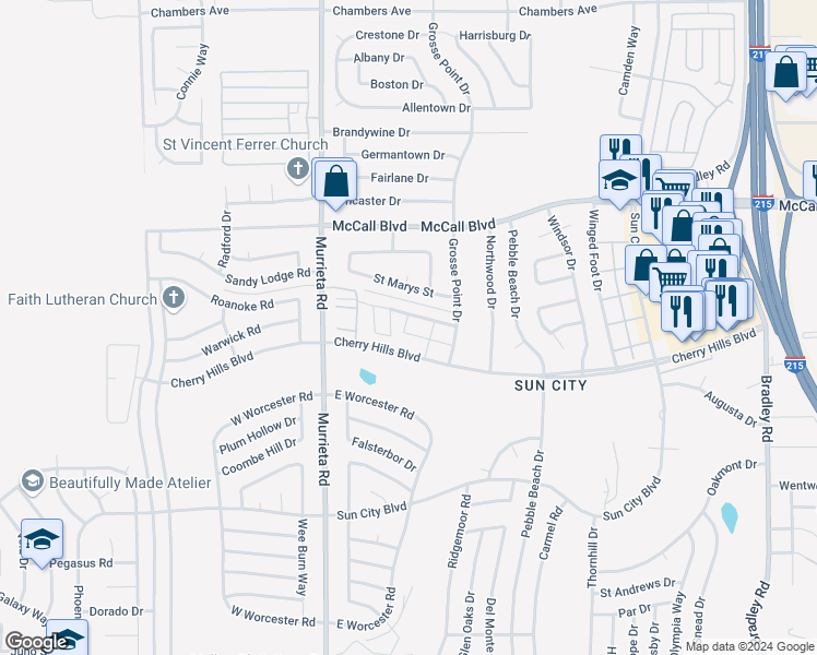 map of restaurants, bars, coffee shops, grocery stores, and more near 26229 Birkdale Road in Menifee