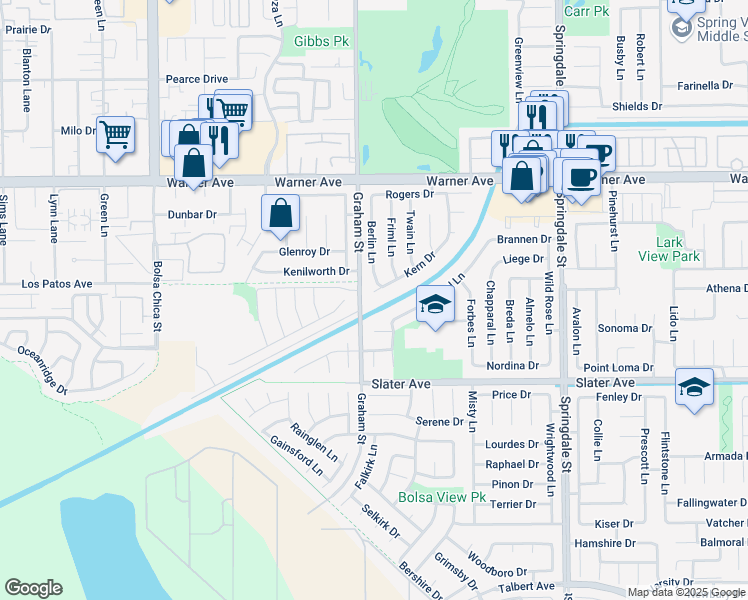 map of restaurants, bars, coffee shops, grocery stores, and more near 5512 Kern Drive in Huntington Beach