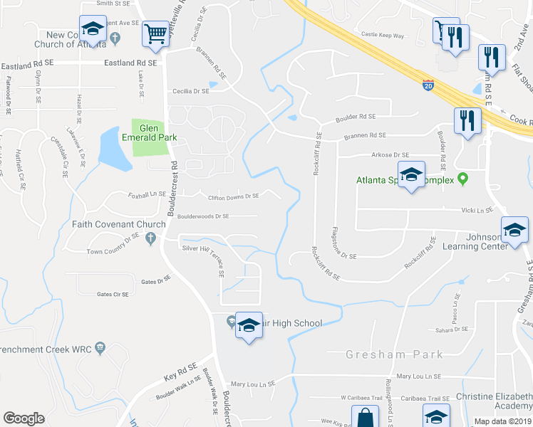 map of restaurants, bars, coffee shops, grocery stores, and more near 1620 Boulderwoods Dr SE in Atlanta