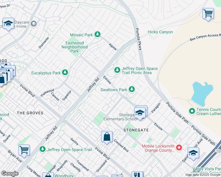 map of restaurants, bars, coffee shops, grocery stores, and more near 71 Crestwick in Irvine