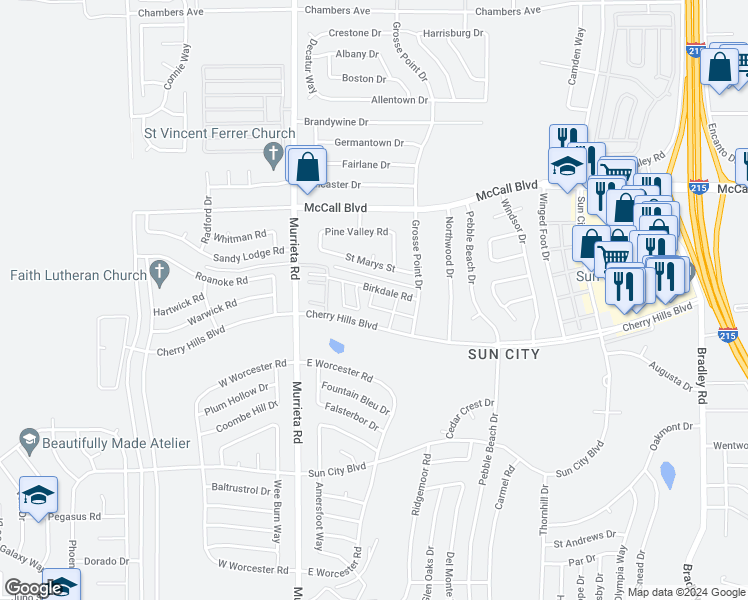 map of restaurants, bars, coffee shops, grocery stores, and more near 26229 Birkdale Road in Menifee