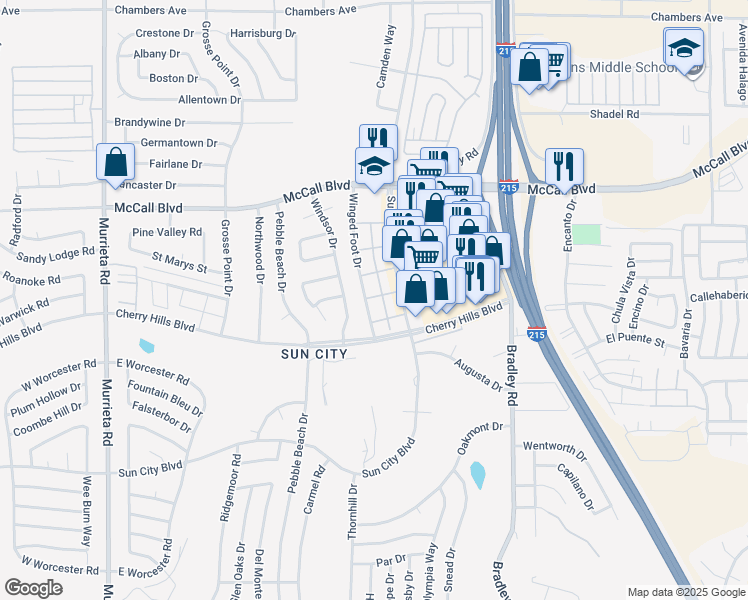 map of restaurants, bars, coffee shops, grocery stores, and more near 28196 Winged Foot Drive in Menifee