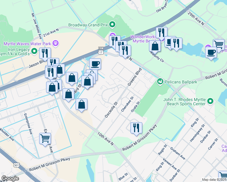 map of restaurants, bars, coffee shops, grocery stores, and more near 1750 Greens Blvd in Myrtle Beach