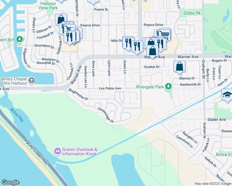 map of restaurants, bars, coffee shops, grocery stores, and more near 17272 Tidalridge Lane in Huntington Beach