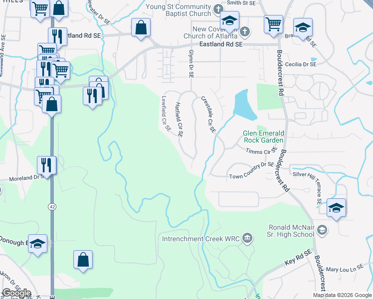 map of restaurants, bars, coffee shops, grocery stores, and more near 2642 Hatfield Circle Southeast in Atlanta