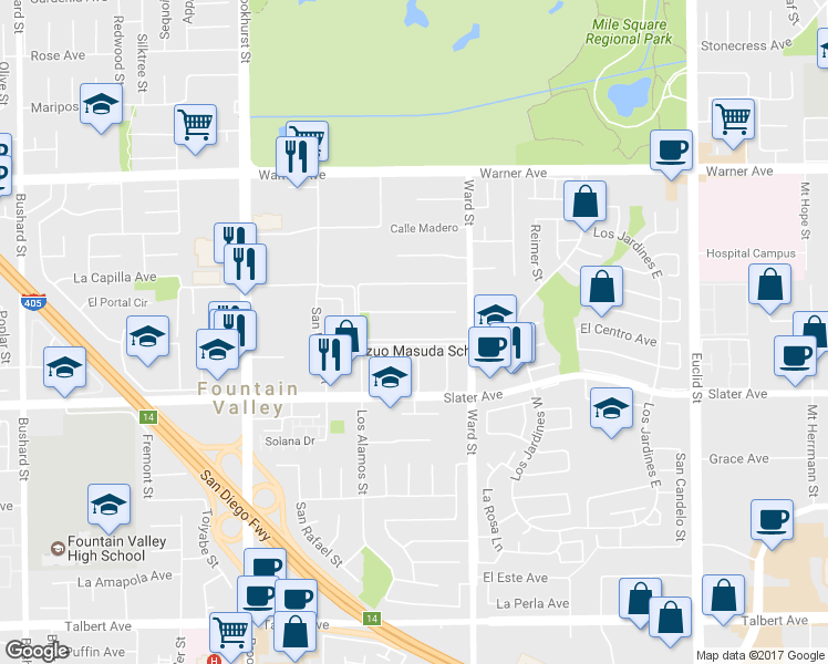 map of restaurants, bars, coffee shops, grocery stores, and more near 10361 Calle Independencia in Fountain Valley