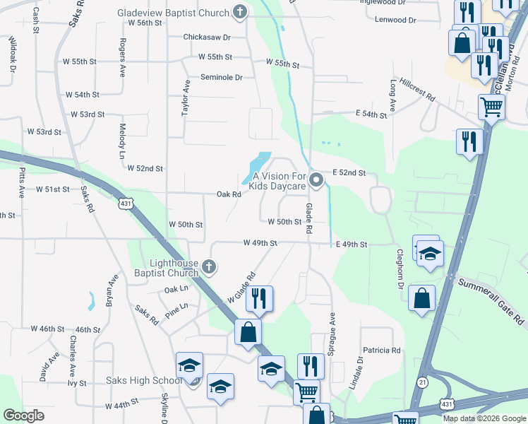 map of restaurants, bars, coffee shops, grocery stores, and more near 5 Buggy Lane in Anniston