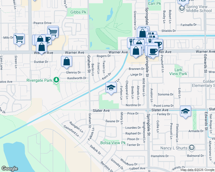map of restaurants, bars, coffee shops, grocery stores, and more near 17317 Apel Lane in Huntington Beach
