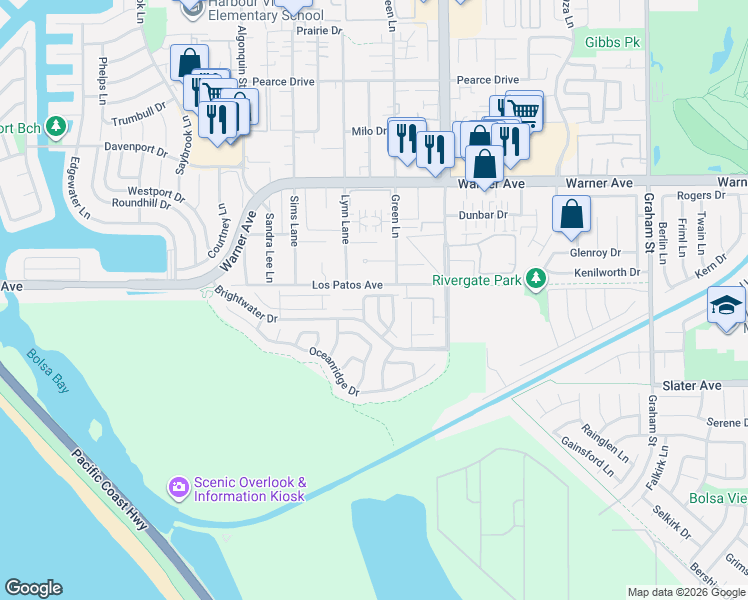 map of restaurants, bars, coffee shops, grocery stores, and more near 17271 Wareham Lane in Huntington Beach