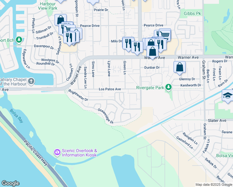 map of restaurants, bars, coffee shops, grocery stores, and more near 17272 Tidalridge Lane in Huntington Beach