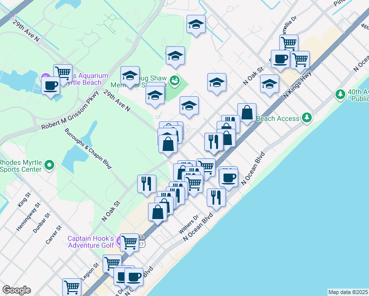 map of restaurants, bars, coffee shops, grocery stores, and more near 2900 North Oak Street in Myrtle Beach