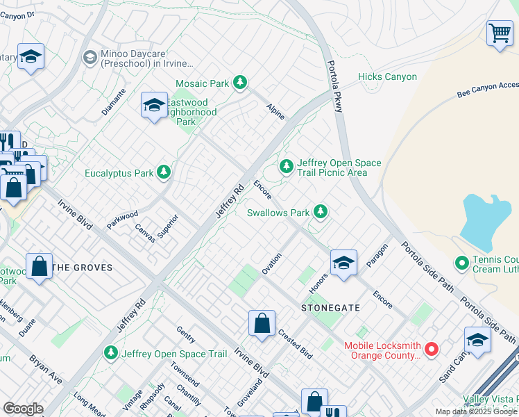map of restaurants, bars, coffee shops, grocery stores, and more near 60 Crestwick in Irvine